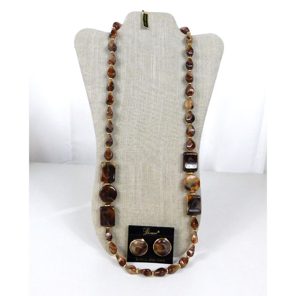 Genuine Lucite Necklace w/Matching Round Pierced Earrings Light Dark Earth Tones